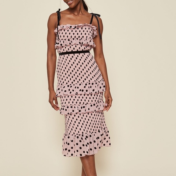 LPA Pink and Black Polka Dot Midi Dress - Picture 1 of 7